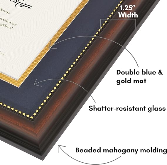 Americanflat 11x14 Diploma Frame - Use as 8.5x11 Certificate Frame or Display 11x14 Photo Without Mat - Legacy Collection - Beaded Mahogany Vintage Frames - Shatter-Resistant Glass - Blue and Gold Mat