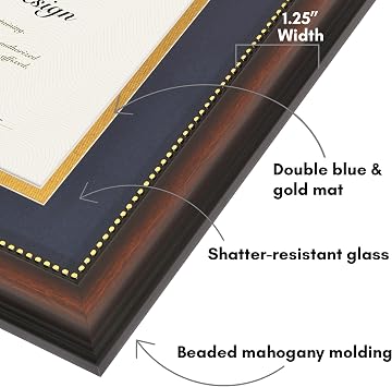 Americanflat 11x14 Diploma Frame - Use as 8.5x11 Certificate Frame or Display 11x14 Photo Without Mat - Legacy Collection - Beaded Mahogany Vintage Frames - Shatter-Resistant Glass - Blue and Gold Mat