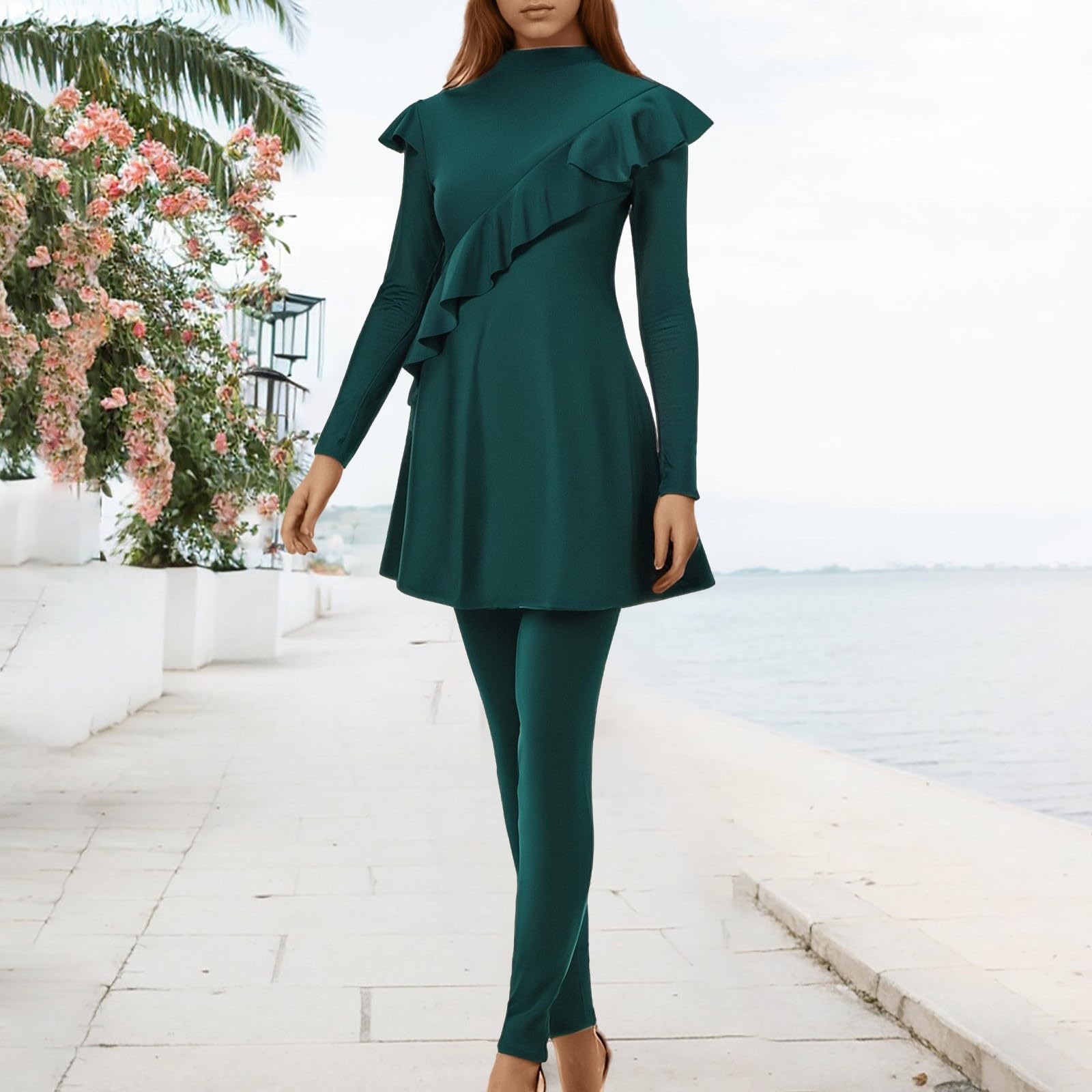 Burkini 3 pièces, Grande Taille, Manches Longues, Pantalon, Bonnet de Bain, Style Sobre/A