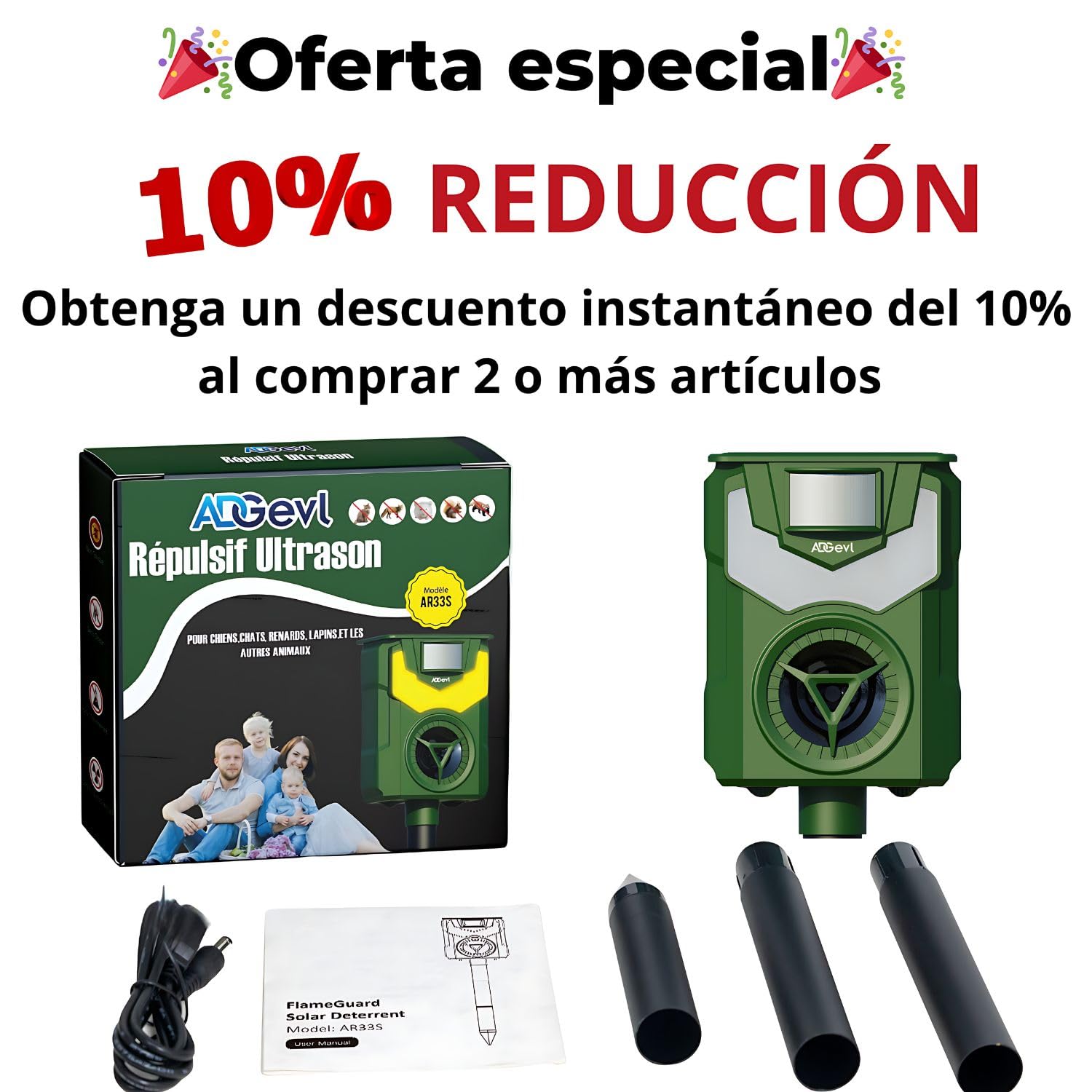 Repelente para Gatos ADGEVL Ultrasonido Exterior Potente e Impermeable con Sensor de Movimiento 12m - Recarga Solar/USB - También para Perros y Animales (Zorro, Conejo) - Modelo 2024 - Garantía 1 Año