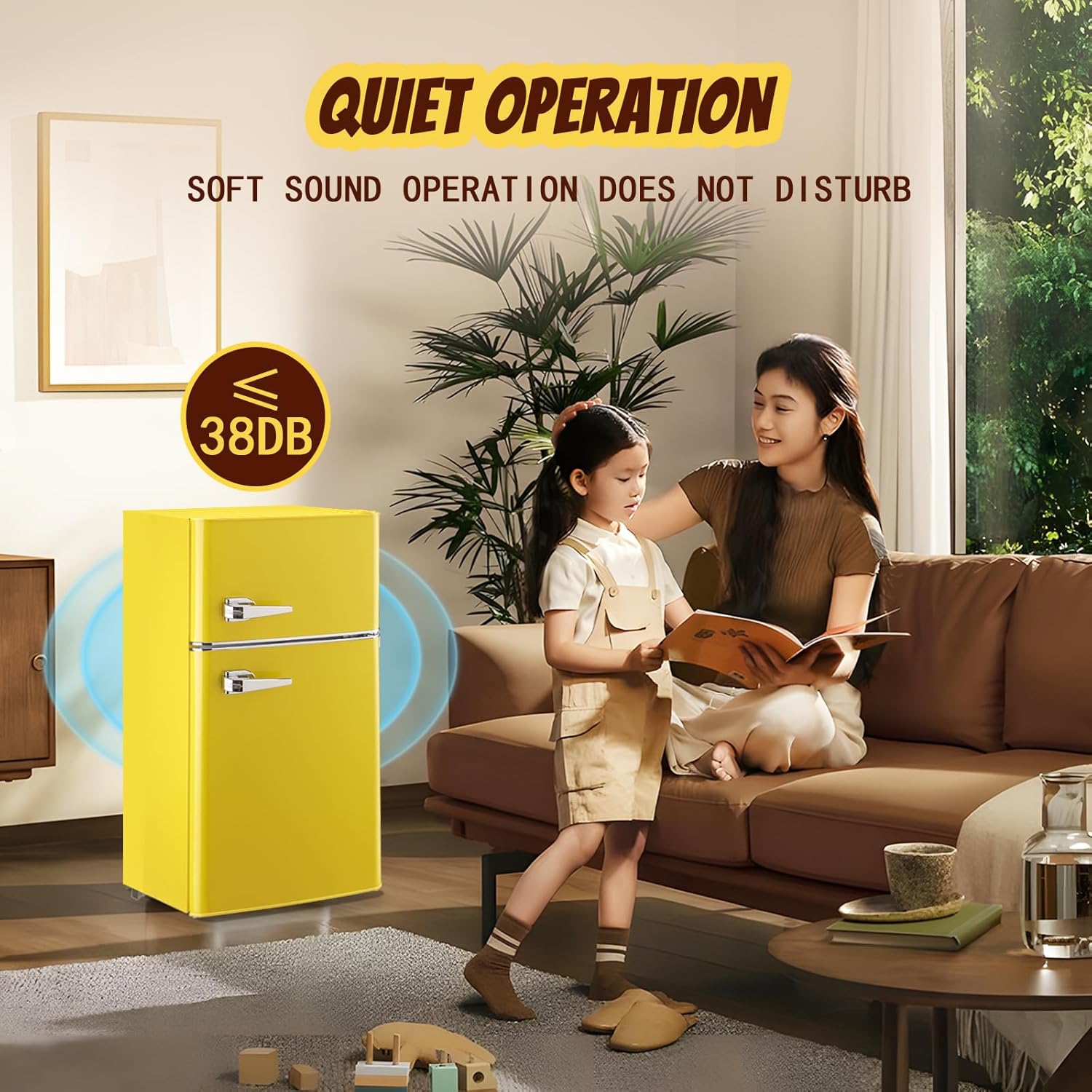 Fridge with Freezer Mini Refrigerator Apartment Size Retro Refrigerator Double door Removable Glass Shelves 7 Temp Gear Detachable Handle Yellow