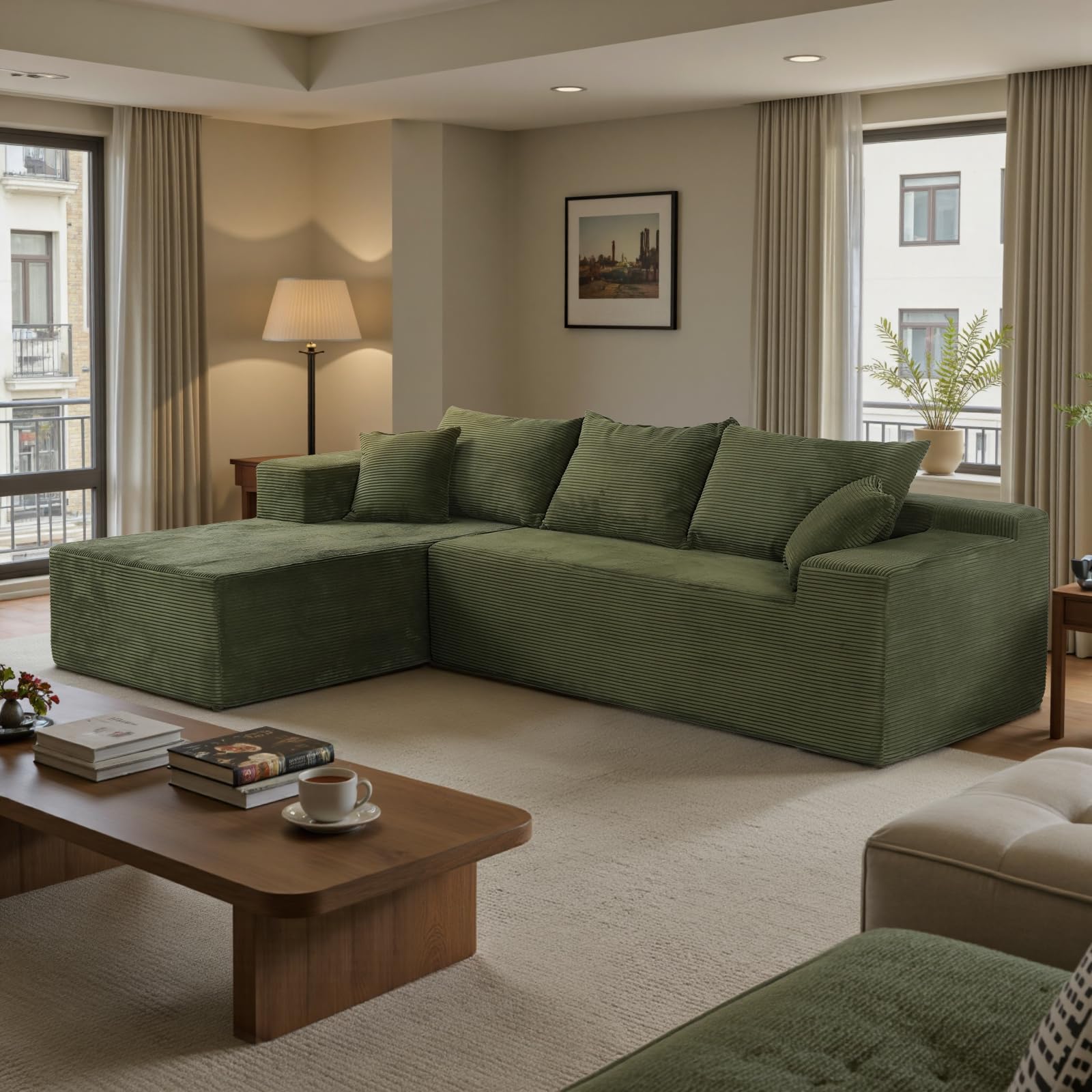 Green 103“ Sectional Couches for Living Room, Boneless Couch with L-Shape Chaise, Modular Sofa in Box with Deep Seat, No Assembly Required