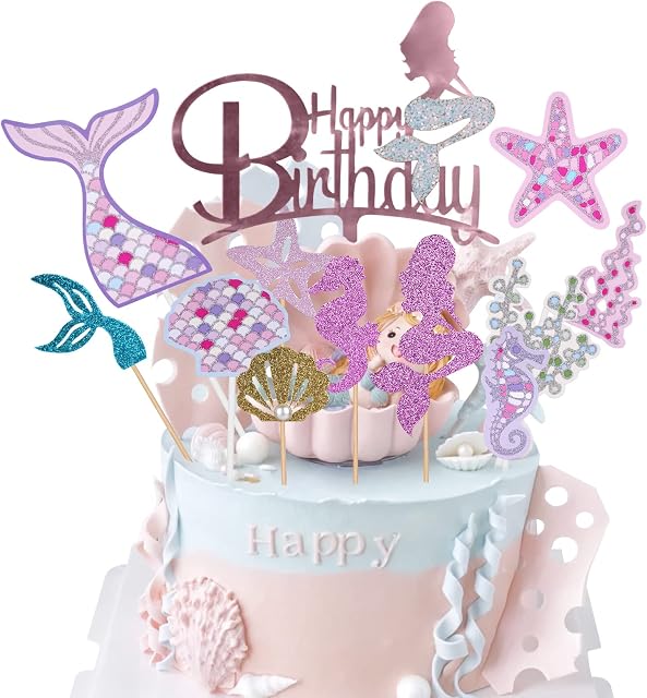 OSDUE 12PCS Mermaid Cake Toppers, Mermaid Theme Party Decorations, Mermaid Figures Happy Birthday Banner Cake Decors, for Kids Boy Girl, Birthday Shower Party Supplies