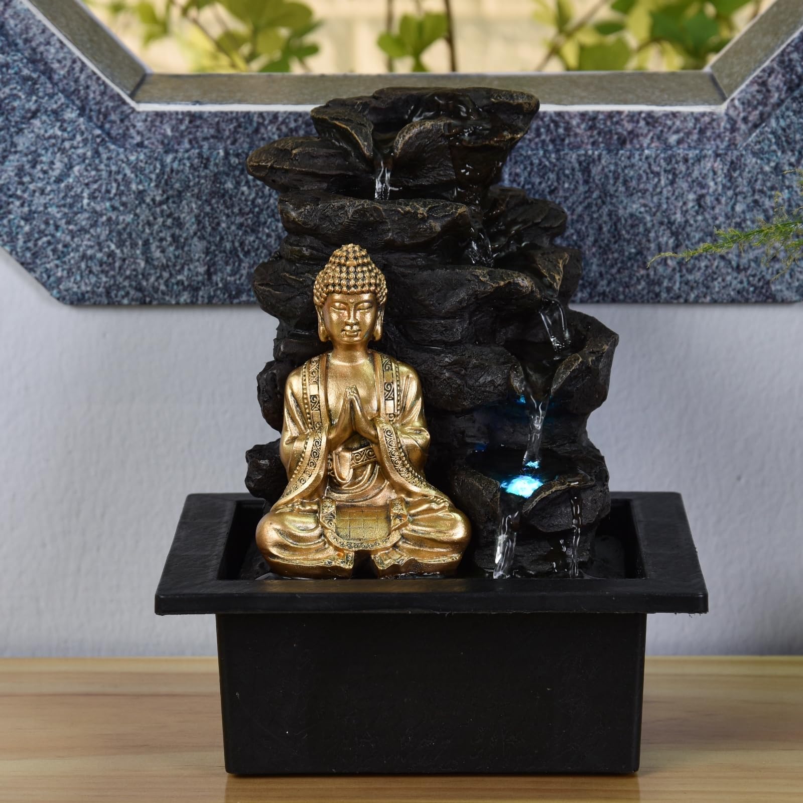 Zen Light - Shira, fontana da interno con pompa e Illuminazione a LED, in resina, nera, misura unica