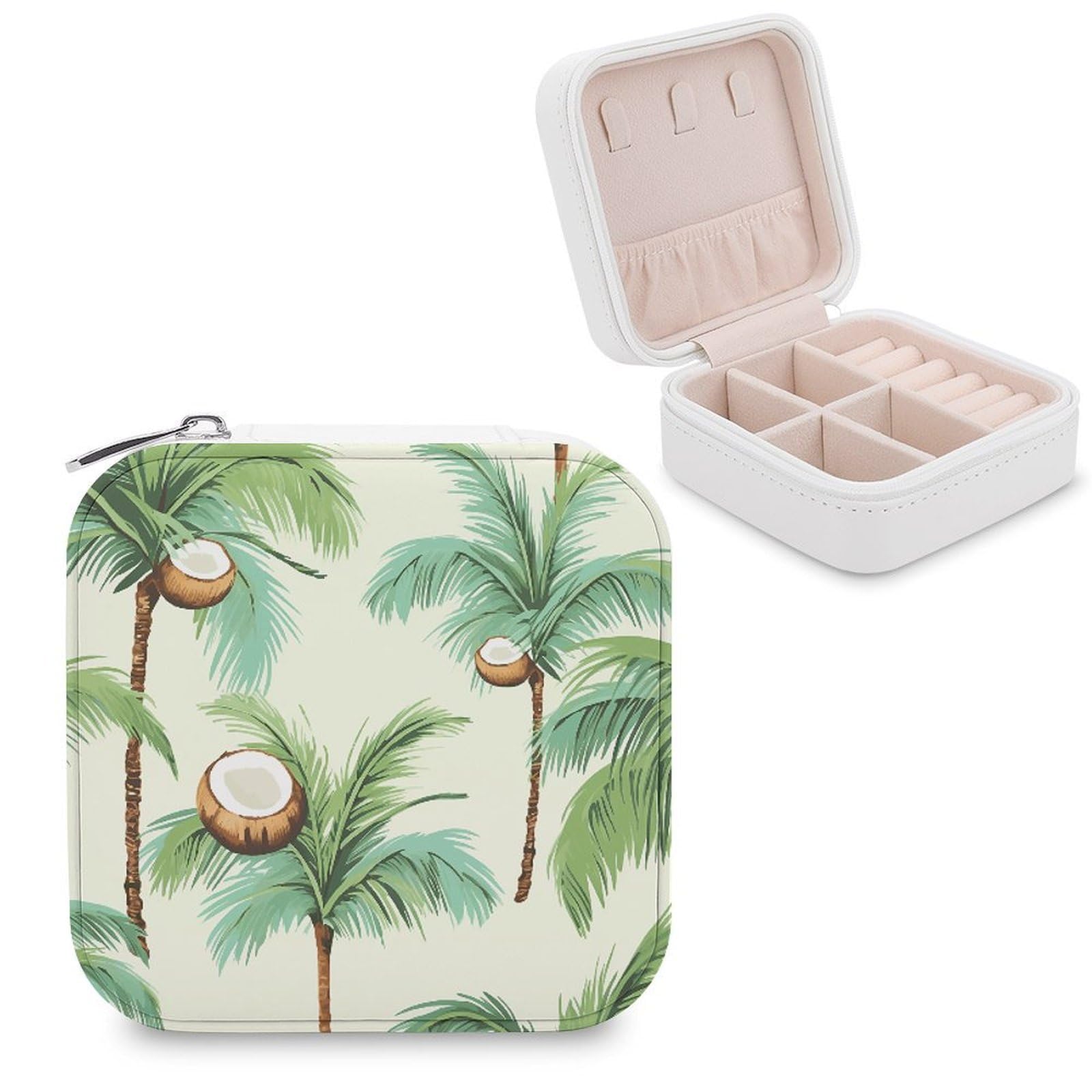 VstaDank Summer Coconut Tree Travel Jewelry Case Zipper Portable Small Jewelry Box Custom Pu Leather Mini Traveling Jewelry Organizer for Rings Earrings Necklace Bracelet Girls Women