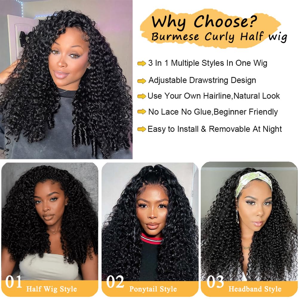 Miss Lee Half Wig Human Hair Burmese Curly Half Wig 200% Density 3 In 1 Glueless Wigs Human Hair Wear and Go Drawstring Seamless Flip Headband Wig for Women Beginner Friendly