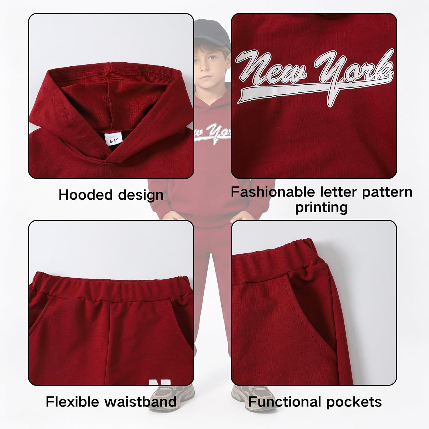 Boys Clothes Fall Hooded Long Sleeved Top and Pants 2 Piece Outfits Clothing Set with Pocket Size 5-9 Years
