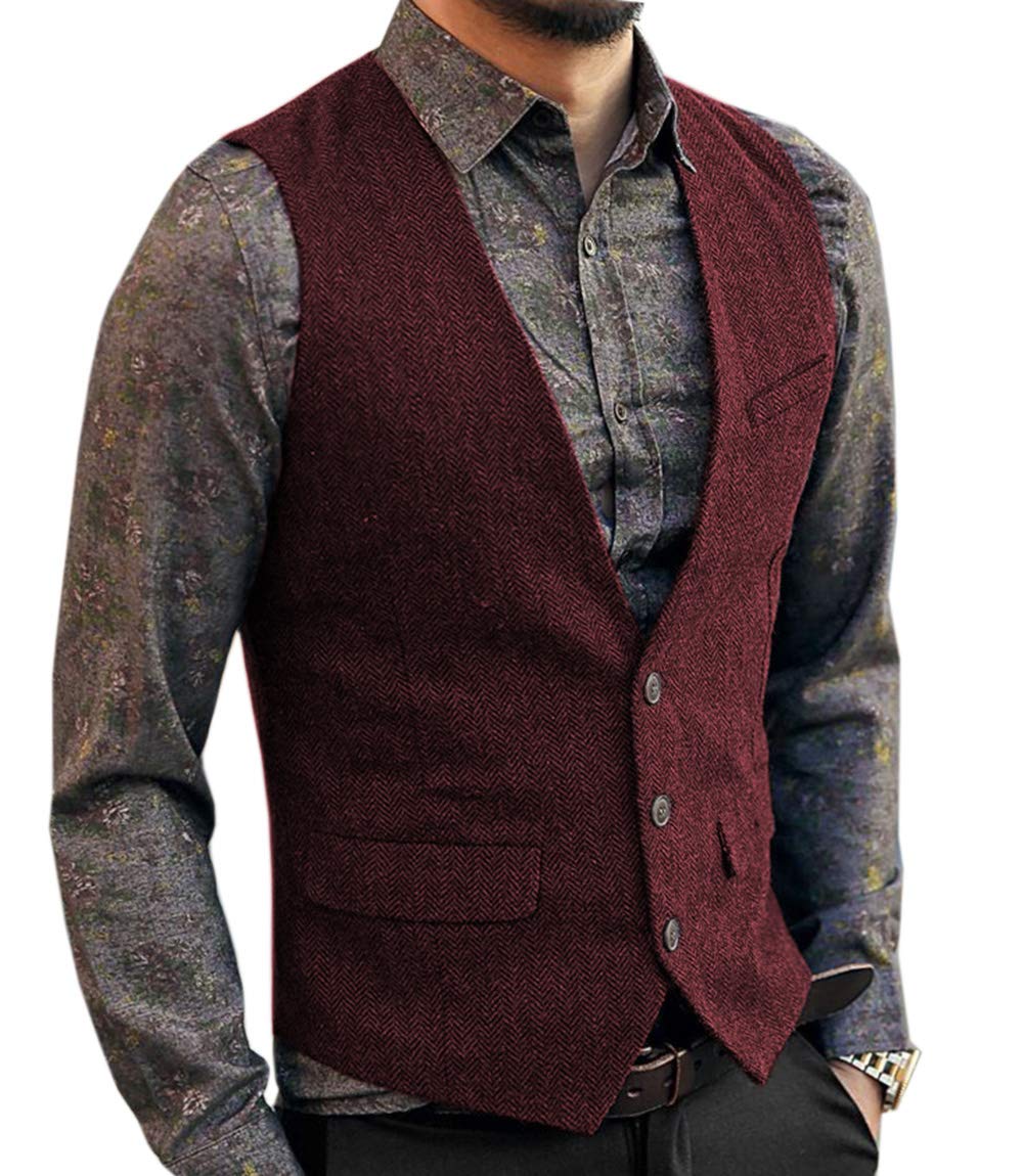 AeoTeokey Men's Tweed Vintage Suit Vest Casual Herringbone Wool Wedding Groomsmen Waistcoat(XL,Burgundy)