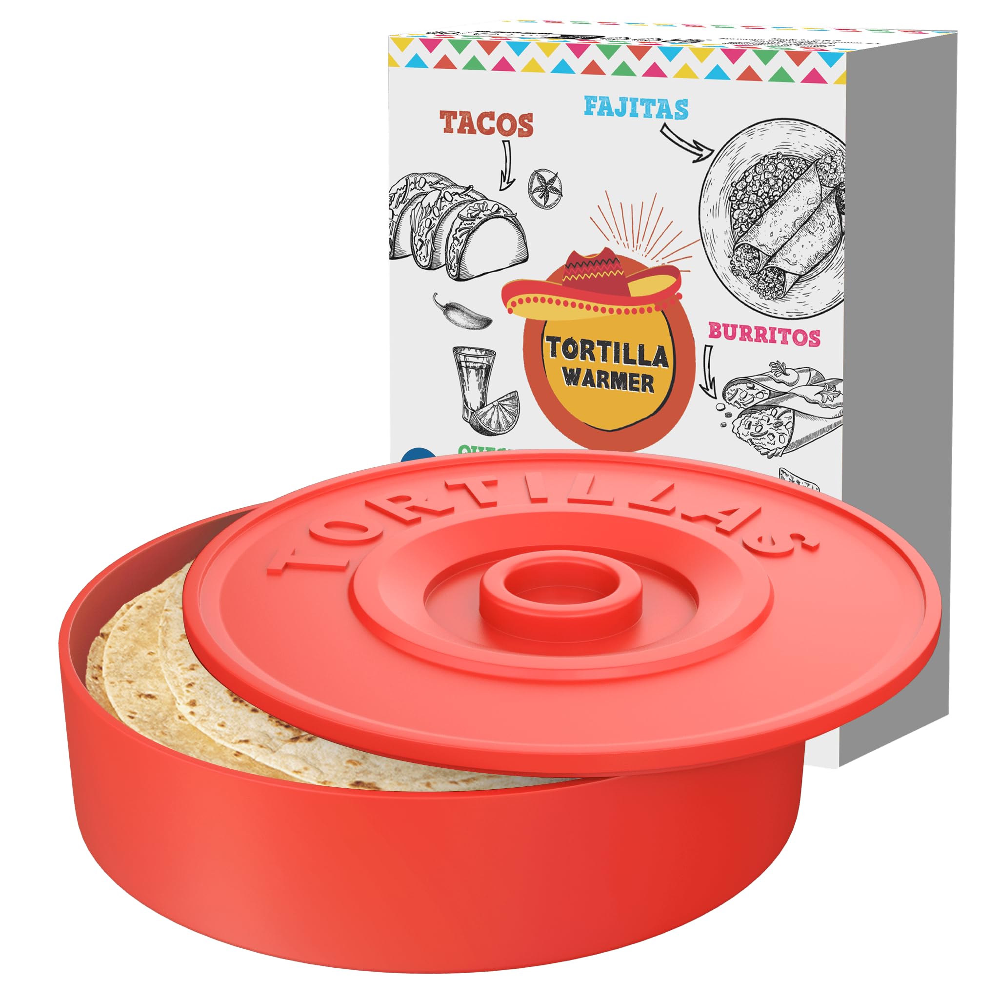 Tortilla Warmer - Tortillero Messicano per Mantenere Tortillas Messicane Calde - Fajitas - Burritos Messicano - Quesadillas - Tacos Messicani - 22 cm (Rosso)