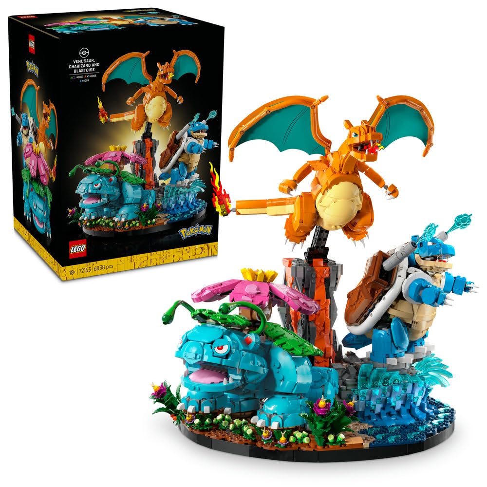 LEGO Pokémon Venusaur, Charizard i Blastoise 72153 | Kolekcjonerskie figurki Pokémonów, duży zestaw klocków dla dorosłych, prezent dla fana gry, dekoracja, 6838 elementów