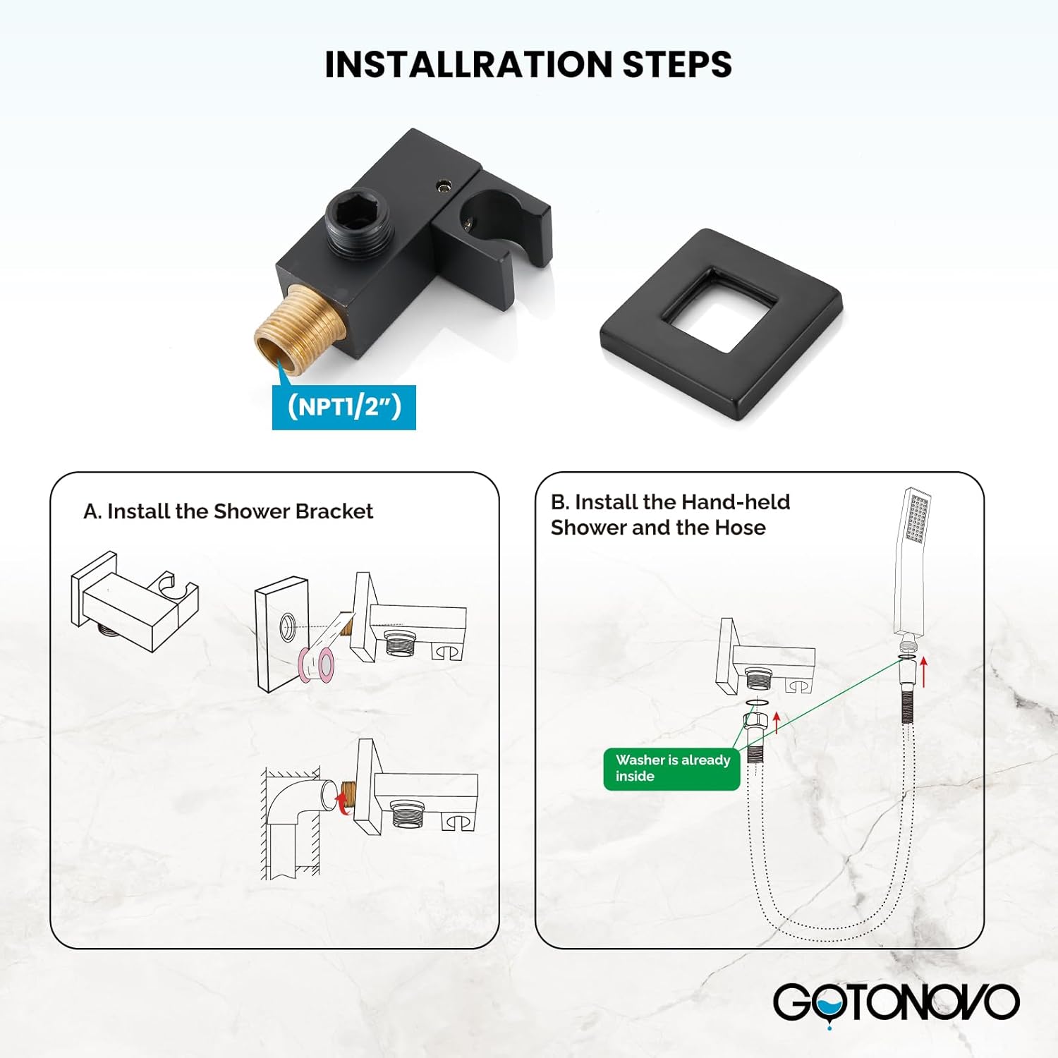 gotonovo Wall Mount Solid Brass Matte Black Bathroom System Square Hand Held Shower Head With Wall Connector and Hose Set