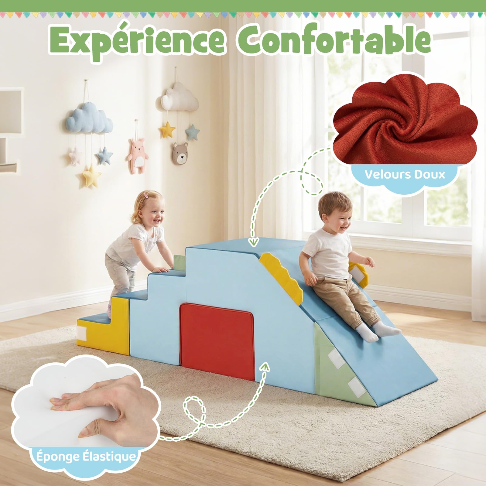 COSTWAY 3 en 1 Parcours Motricité Bébé en Mousse avec Toboggan et Échelle, Module Motricité Bébé avec Housse en Velours Lavable, Jouets Éducatifs Montessori pour Ramper Grimper pour 12 Mois+
