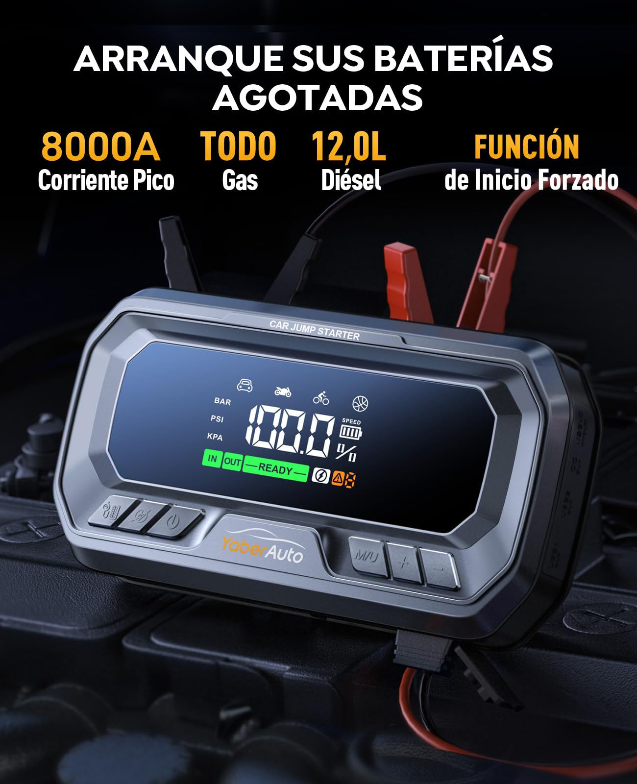 Arrancador de Baterias de Coche con Compresor de Aire, 8000A 160PSI YaberAuto Arrancador de Coche Portatil (Todo Gas/12,0L Diesel) con 65W Carga Rápida, Inflador, Pantalla Grande y Linterna LED