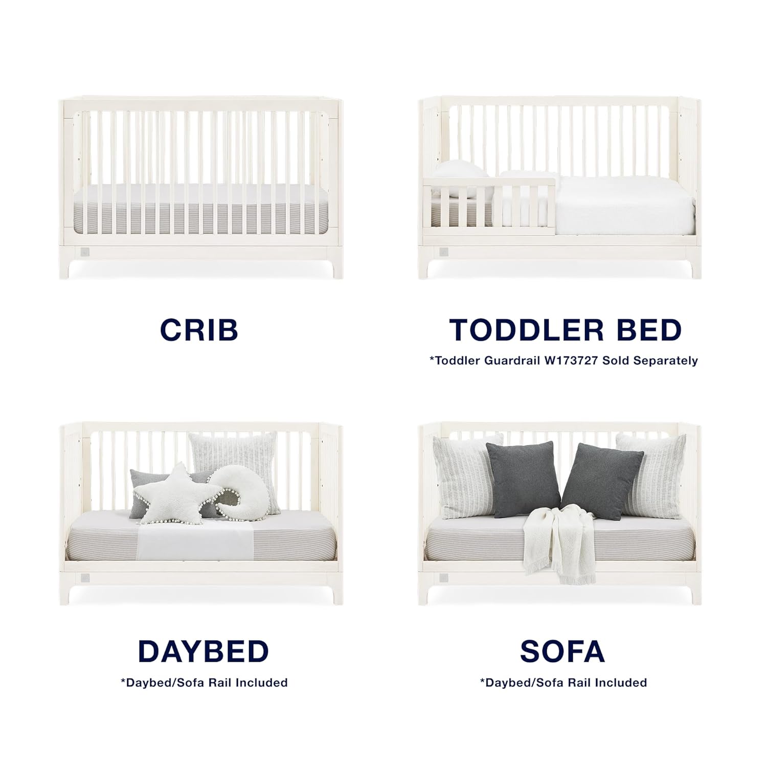 Diagram showing the 4-in-1 conversion of the crib to toddler bed, daybed, and sofa