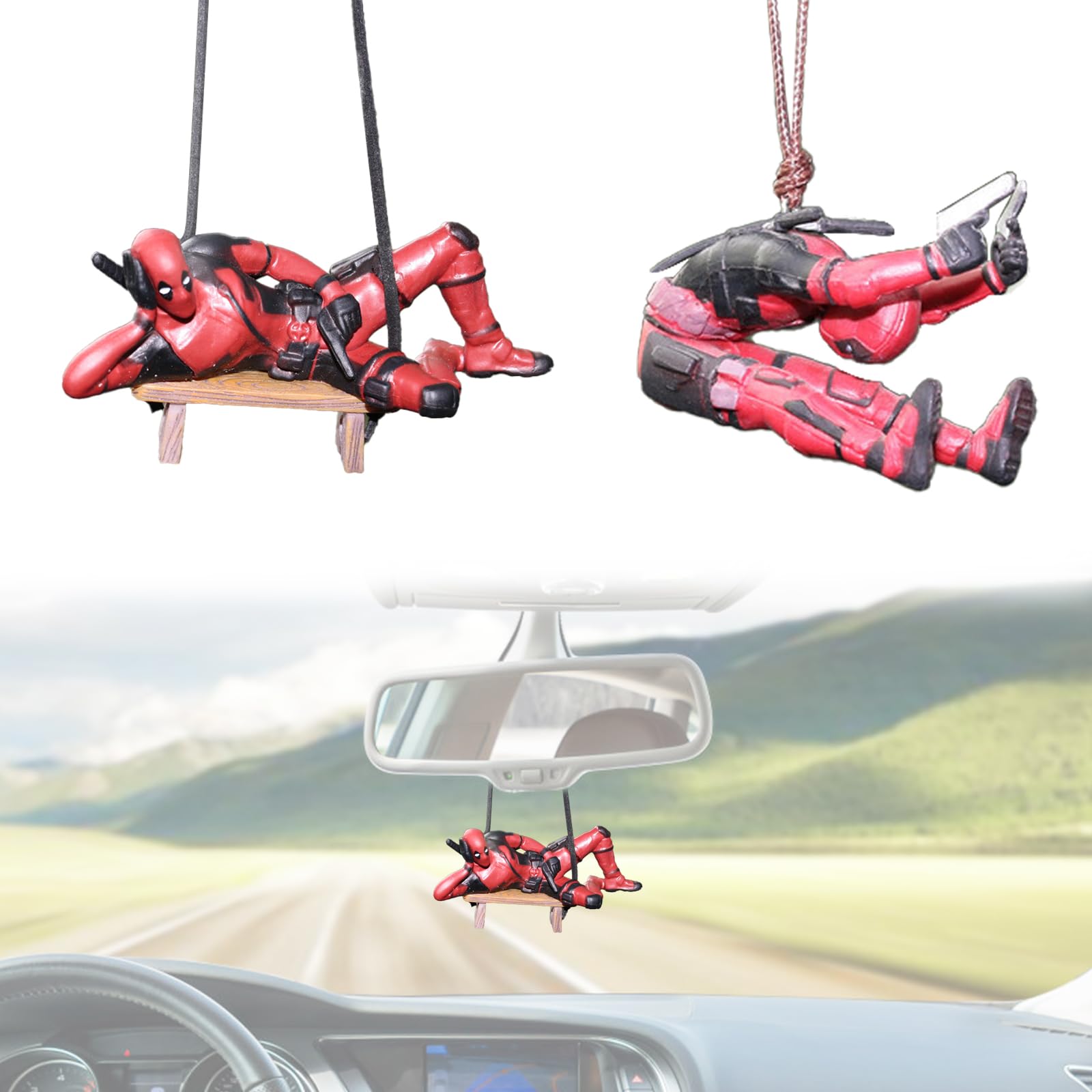 2 Pezzi Ornamento Auto Deadpool Oscillante - Decorazione Carina Per Specchietto Retrovisore | Regalo Per Fan - Foto 3