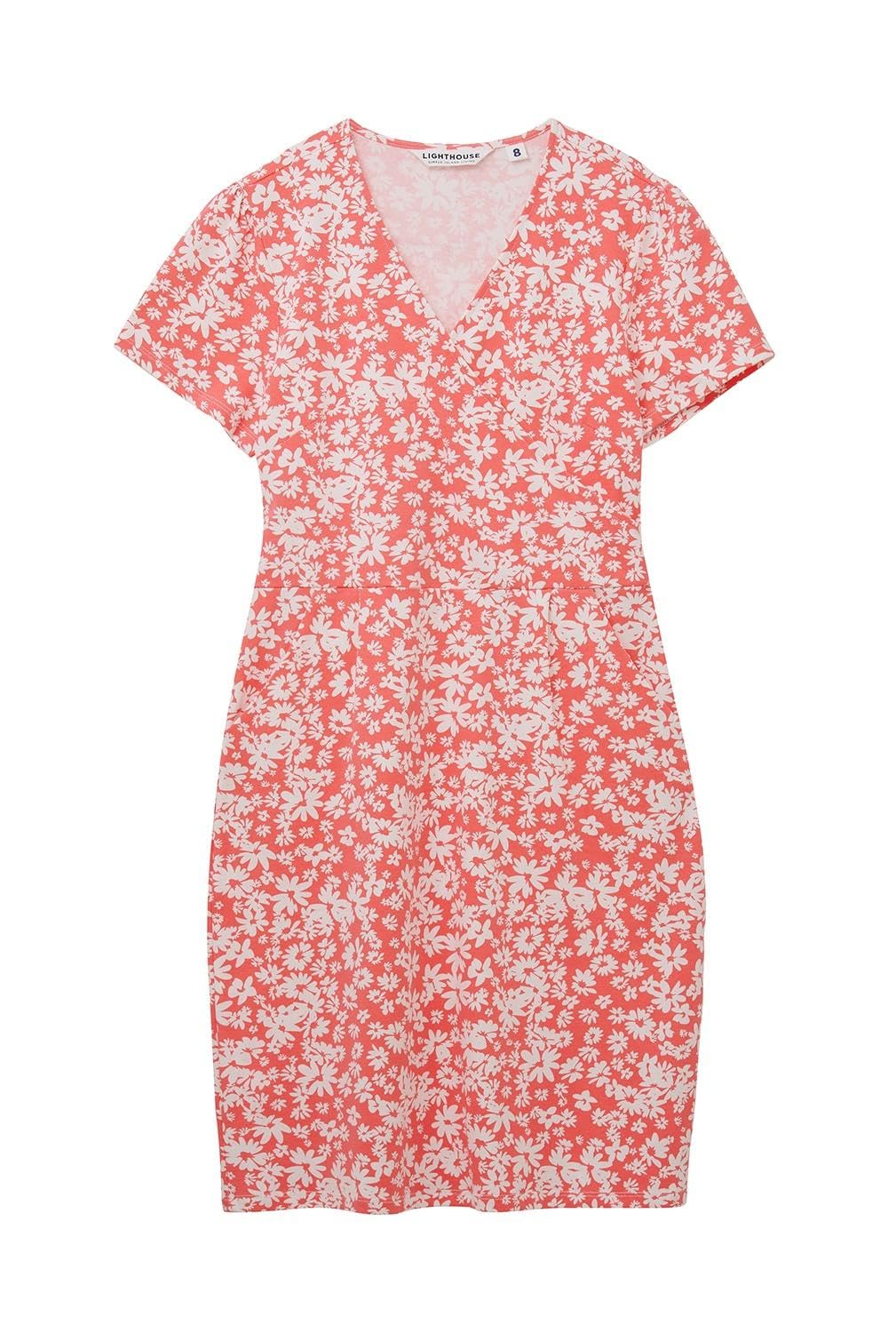 Lighthouse Clothing Lena Dress - Cotton Stretch Casual Wrap Dress with Pockets - Pink - Size 14