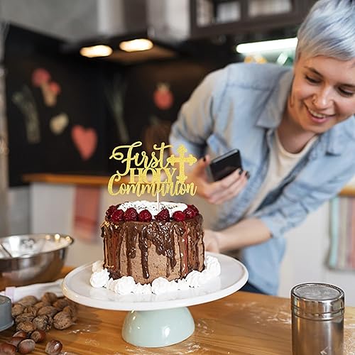 Miniatura 4 de Rsstarxi 1 paquete de decoración para tartas de la primera comunión con purpurina cristiana para bautismo de bebé, Dios bendiga pasteles, temática