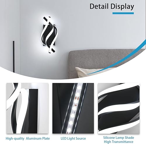 Miniatura 4 de AUA Aplique de pared LED, lámpara de pared moderna en espiral de 21 W, 6500 K, luz blanca fría de pared interior para dormitorio, sala de estar,