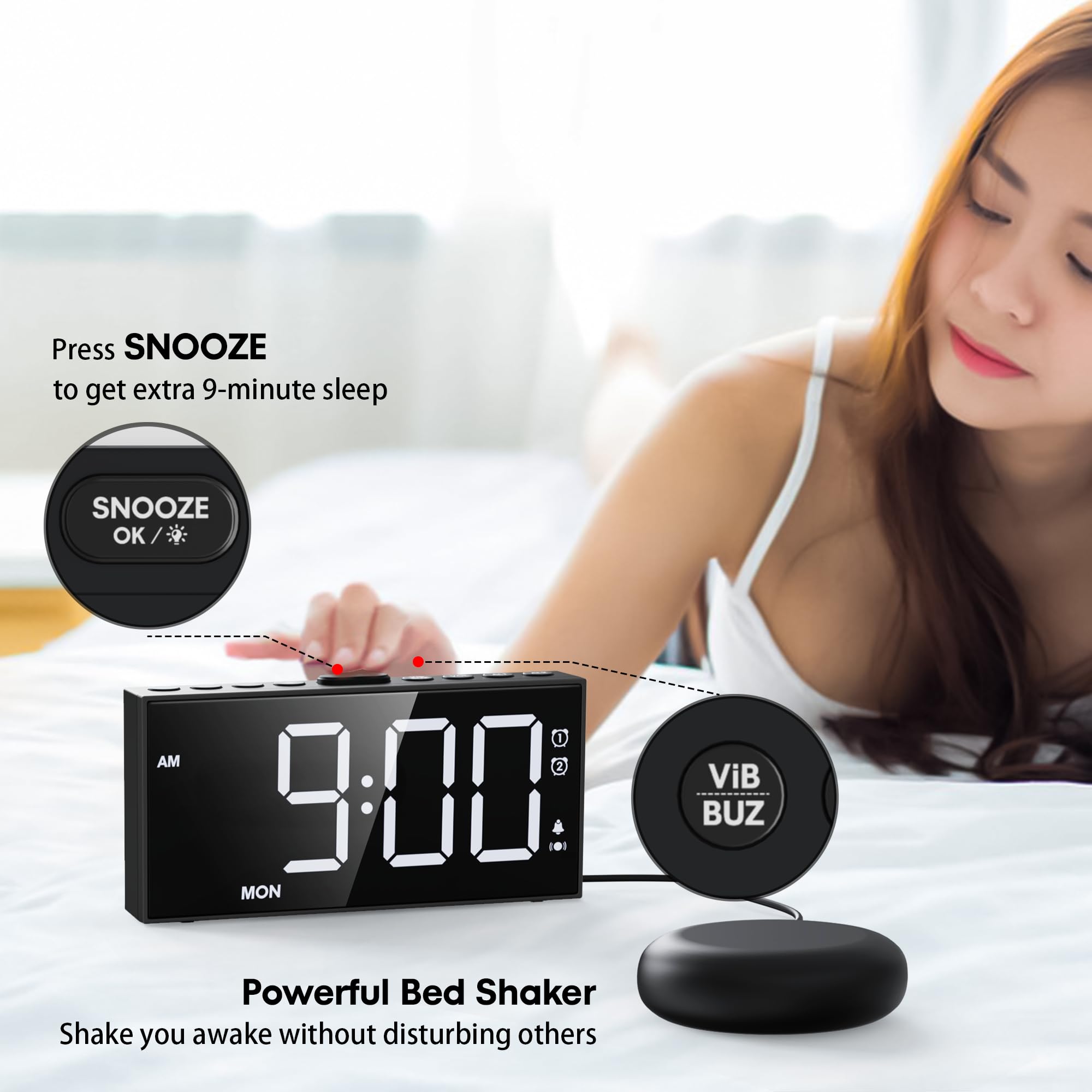 Sveglia Vibrante Mesqool Ricaricabile - Doppia Sveglia, Vibrazione Regolabile, Senza Fili | Per Non Udenti, Viaggi - Foto 4