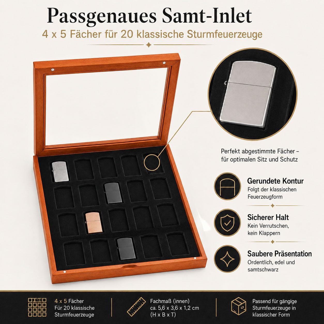 Vetrina per accendini (ad esempio Zippo) in legno, da collezione, vetrina in vetro, espositore per appendere 20 accendini da collezione (nero)