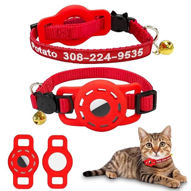 Foto 5 de 5 de Collar Airtag para gato de nylon bordado con nombre y número de teléfono con estuche impermeable y campana…