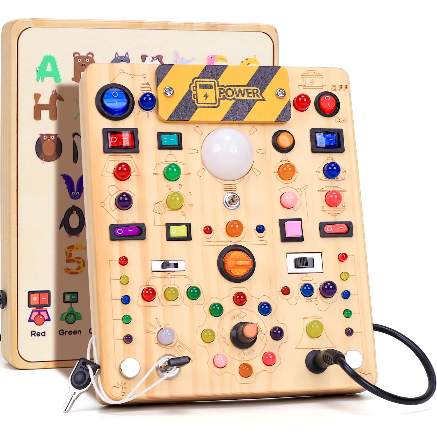 Busy Board con interruttori della luce a LED, giocattoli Montessori per ragazzi di 1, 2 e 3 anni, tabella delle attività sensoriali giocattolo in legno per ragazzi e ragazze di 1+ anni (19