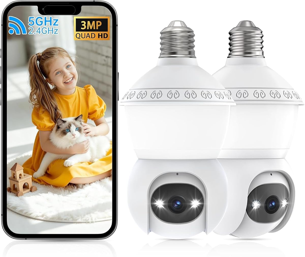 Smart Light Bulb Security Camera,5G&2.4G Security Cameras Wireless Outdoor,2K Light Bulb Camera, 360° Camera for Home Security,AI Detection,Smart Night Vision, Two-Way Audio (White 2 Packs)