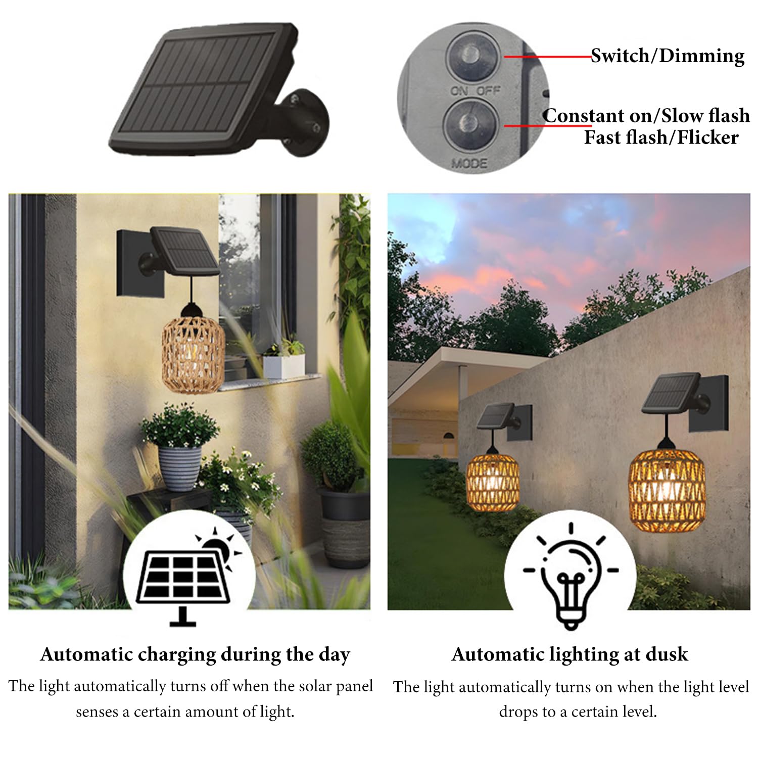 Solarleuchte mit Bewegungsmelder 2 Stück Vintage Hängelampe ohne Strom mit Solarpanel E27 Hängend Wandleuchte Außen mit 4 Modi Solarlampen IP44 Wasserdicht Warmes Licht für Balkon Garten Terrasse