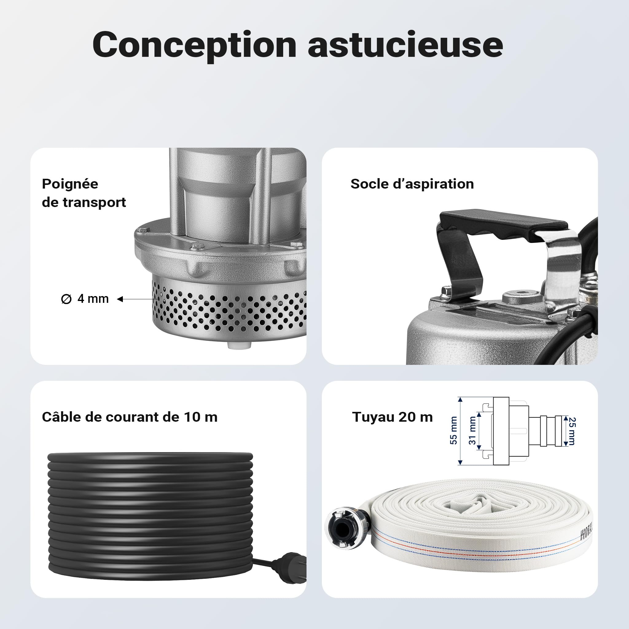 Wiltec Pompe électrique pour eaux sales – Submersible – 370 W / 1500 l/h – Refoulement max. 16 m – avec Tuyau 20 m – Pompe-cave pour Arrosage Irrigation Jardinage Évacuation Drainage
