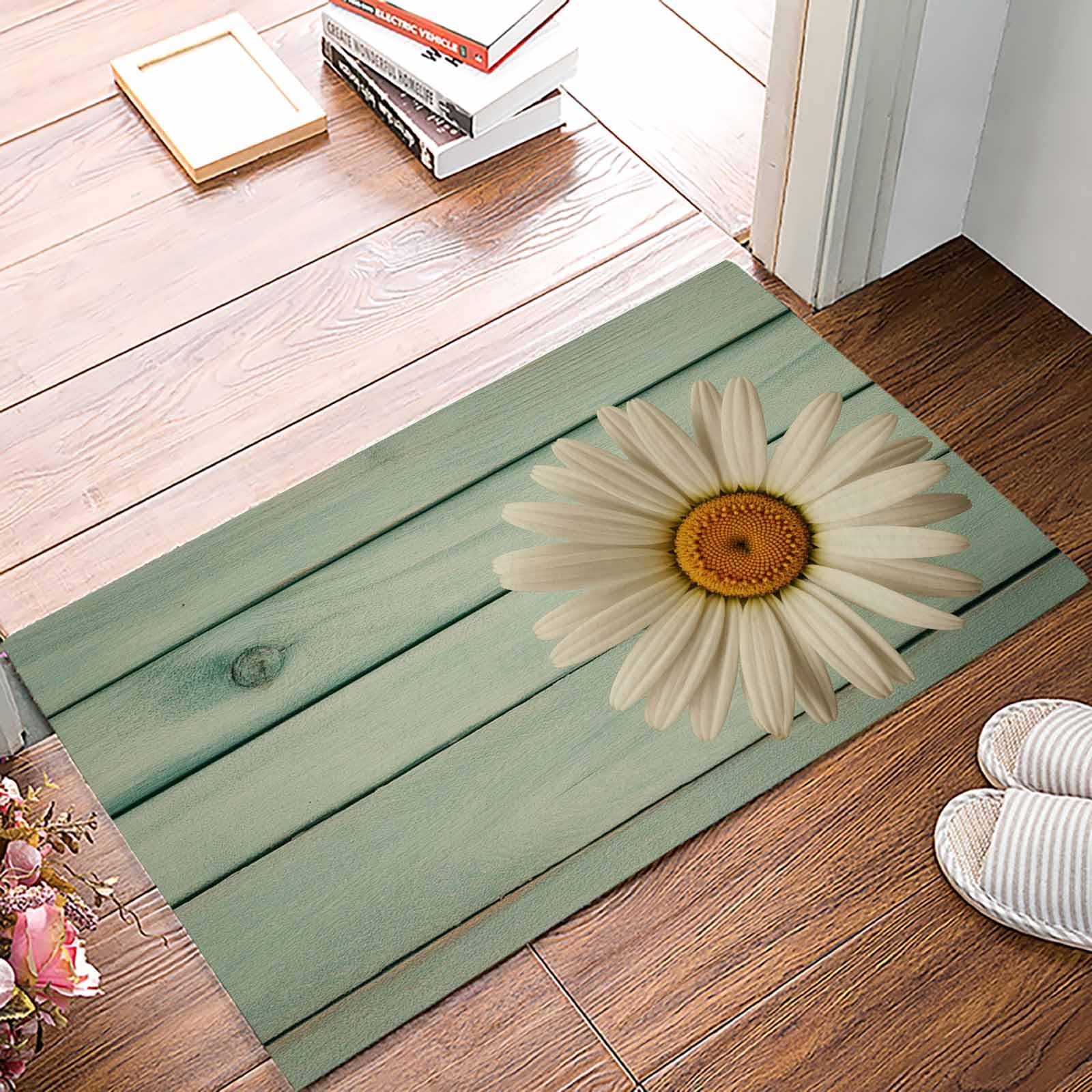 Doormat Kitchen Bathroom Rug Floor Door Mat, White Daisy Non Slid Indoor Outdoor Entrance Mat, Absorbent Washable Welcome Entry Way Accent Throw