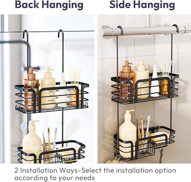 SWTYMIKI Shower Caddy Hanging Organiser - Over Door Shower Caddy with Soap Holder, 11 Hooks, 2 Installation Ways for Shower Organiser, Stainless Steel Shelf Hanging for Bathroom Shampoo, Conditioner