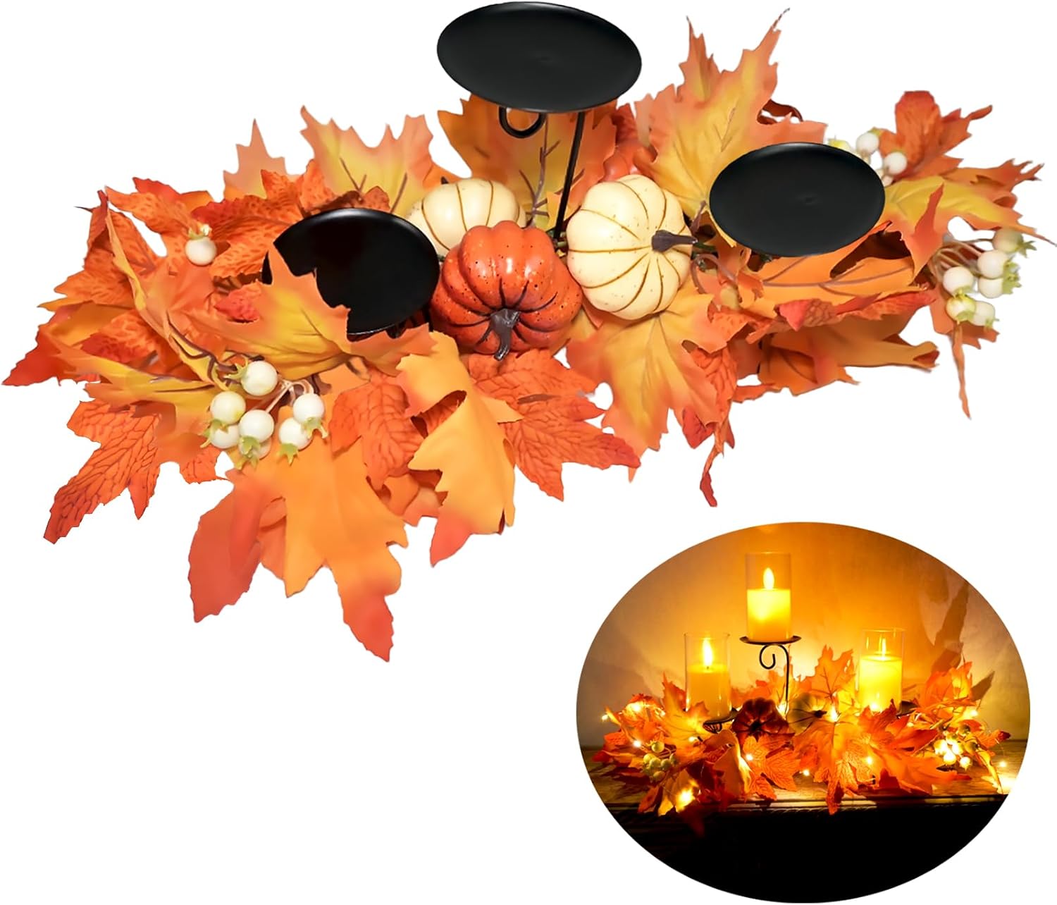 Fall Candle Holder Centerpiece for Table with Lights 3 Wick Candle Holde with Big Pumpkins Cute Berries and Rich Maples Autumn Decorations for Table Centerpiece Dining Room Desktop Indoor Home Decor Yellow-fall-1