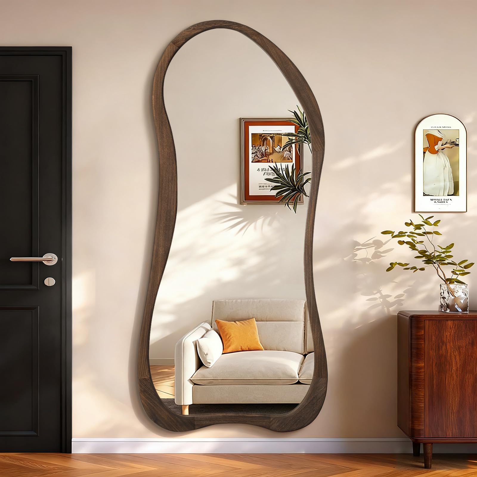 AAZZKANG Full Length Mirror with Retro Wood Framed Irregular Floor Mirrors Large 180x80cm Asymmetrical for Bedroom Living Room Entryway Dressing Room Wall Mounted Brown