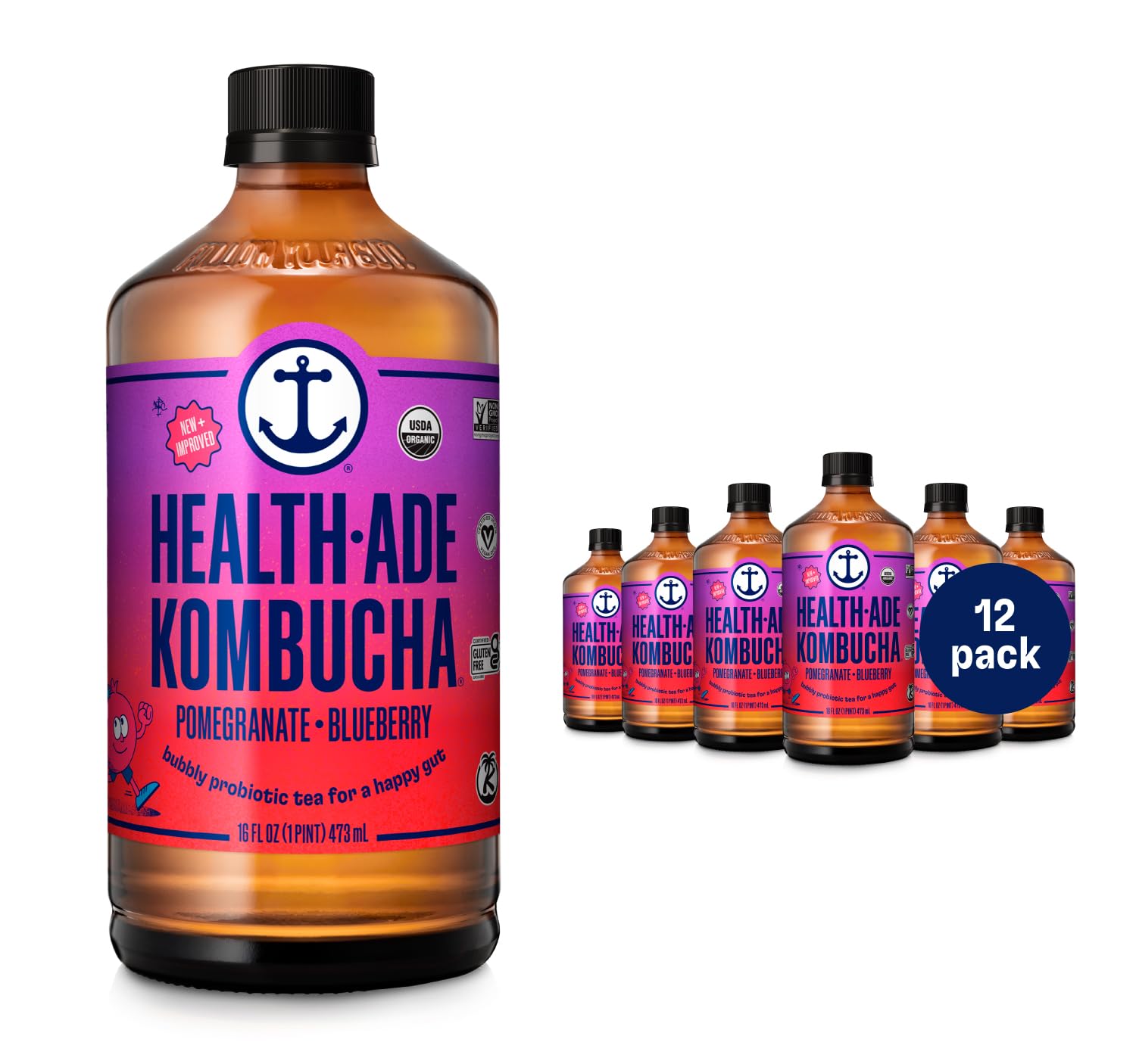 Health-Ade Kombucha Tea Organic Drink, Fermented Tea with Living Probiotics, Detoxifying Acids, Supports Gut Health, Non-GMO, Vegan, Gluten Free, 12