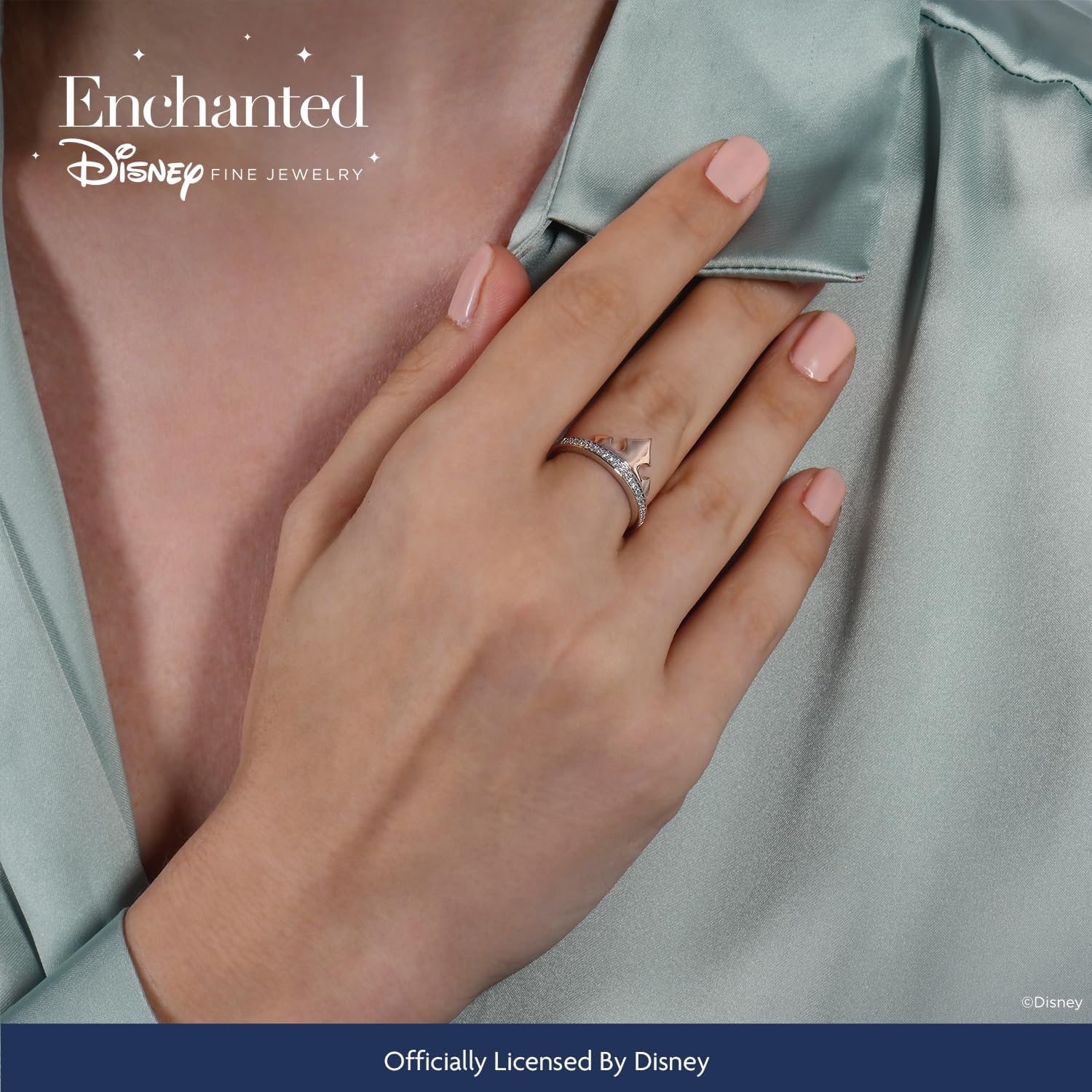 Jewelili Enchanted Disney Fine Jewelry Sterling Silver and 10K Rose Gold 1/10 Cttw Diamond Aurora Tiara Ring