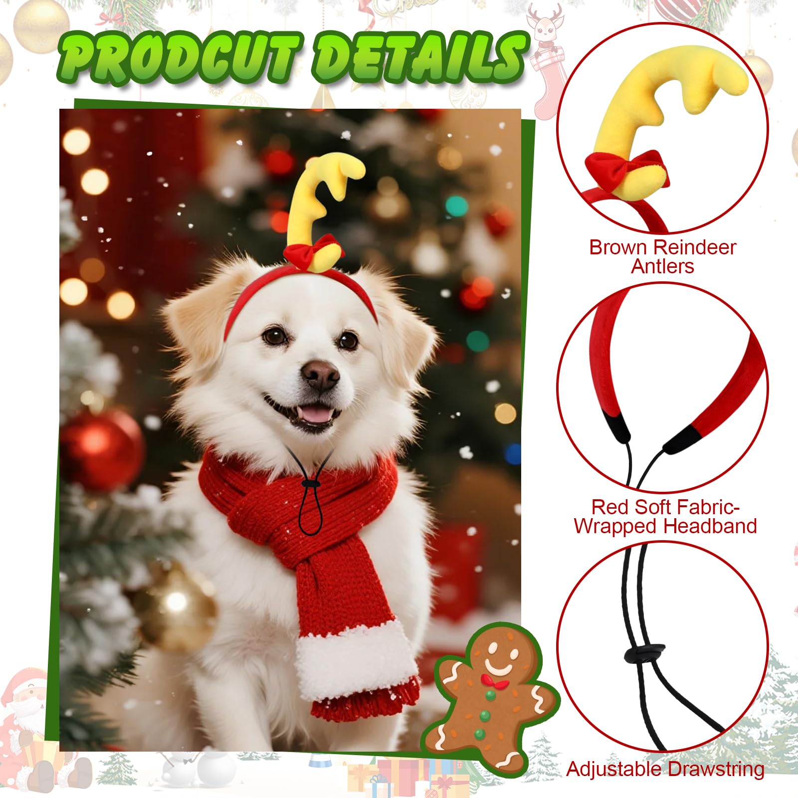 QKURT 2 Pack Dog Antlers Headband-Christmas Costume for Medium Large Dogs Pet Reindeer Accessories With Adjustable Elastic Band for Christmas & Halloween Party (Brown & Yellow - Image 4