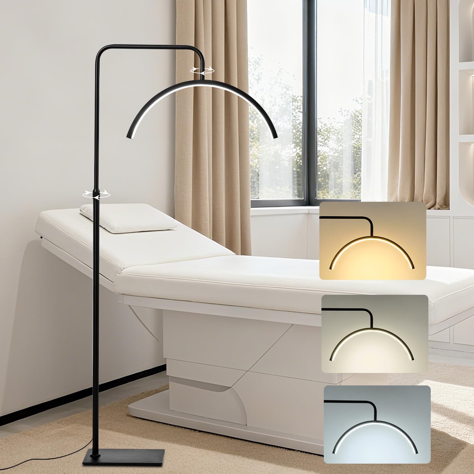 Stehlampe Halbmond Kurve 360°Verstellbarer Lampenkopf Höhenverstellbar 3 Farben Stehlampe Dimmbar LED Stehleuchte Schönheit & Wimpernverlängerung Schreibtischlampe Stehlampen Wohnzimmer