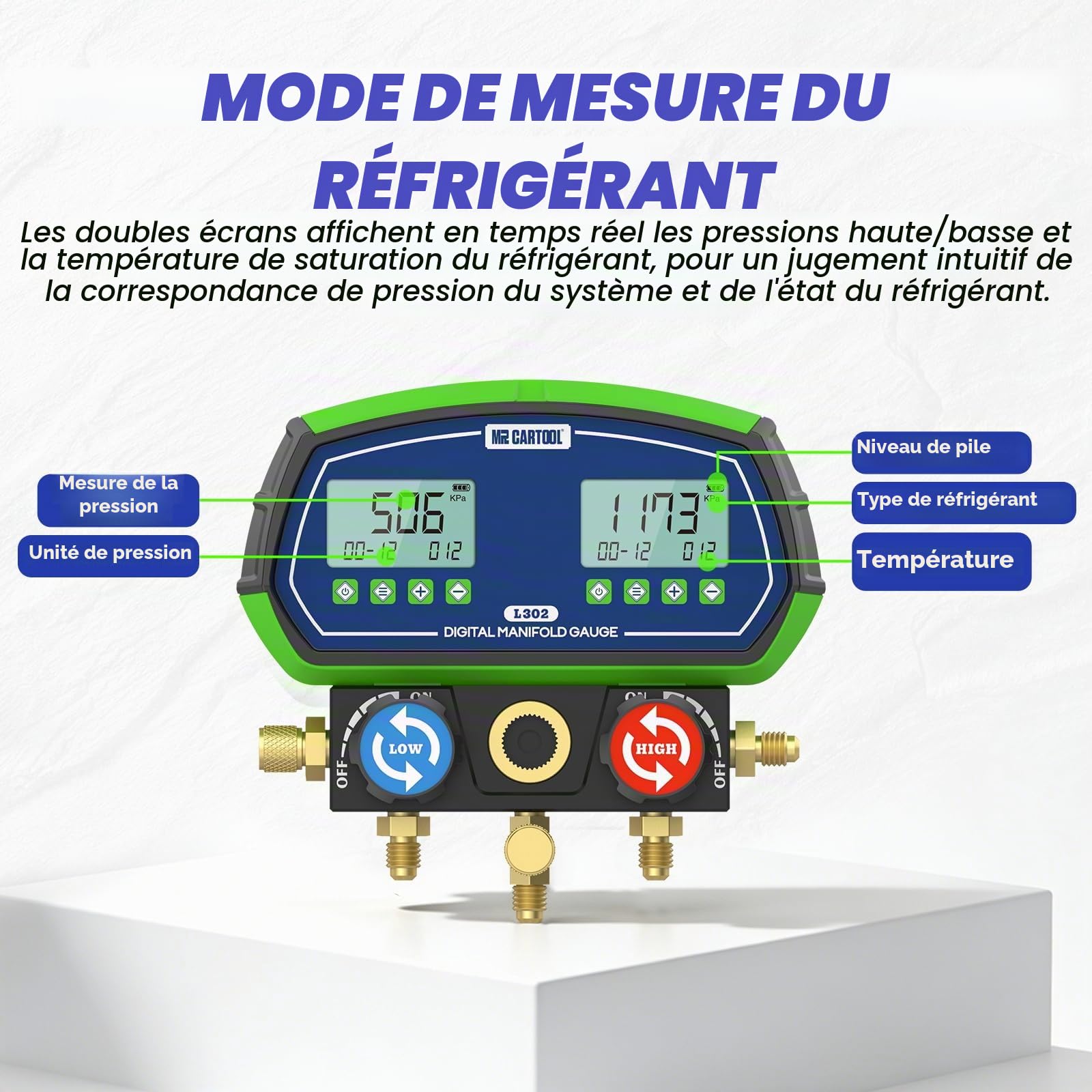 MR CARTOOL L302 Manometre Climatisation Voiture Numérique Manifold Manomètre Réfrigération Jauge avec 3 Flexibles 90 Fluides Frigorigènes pour Climatisation R32 R410A