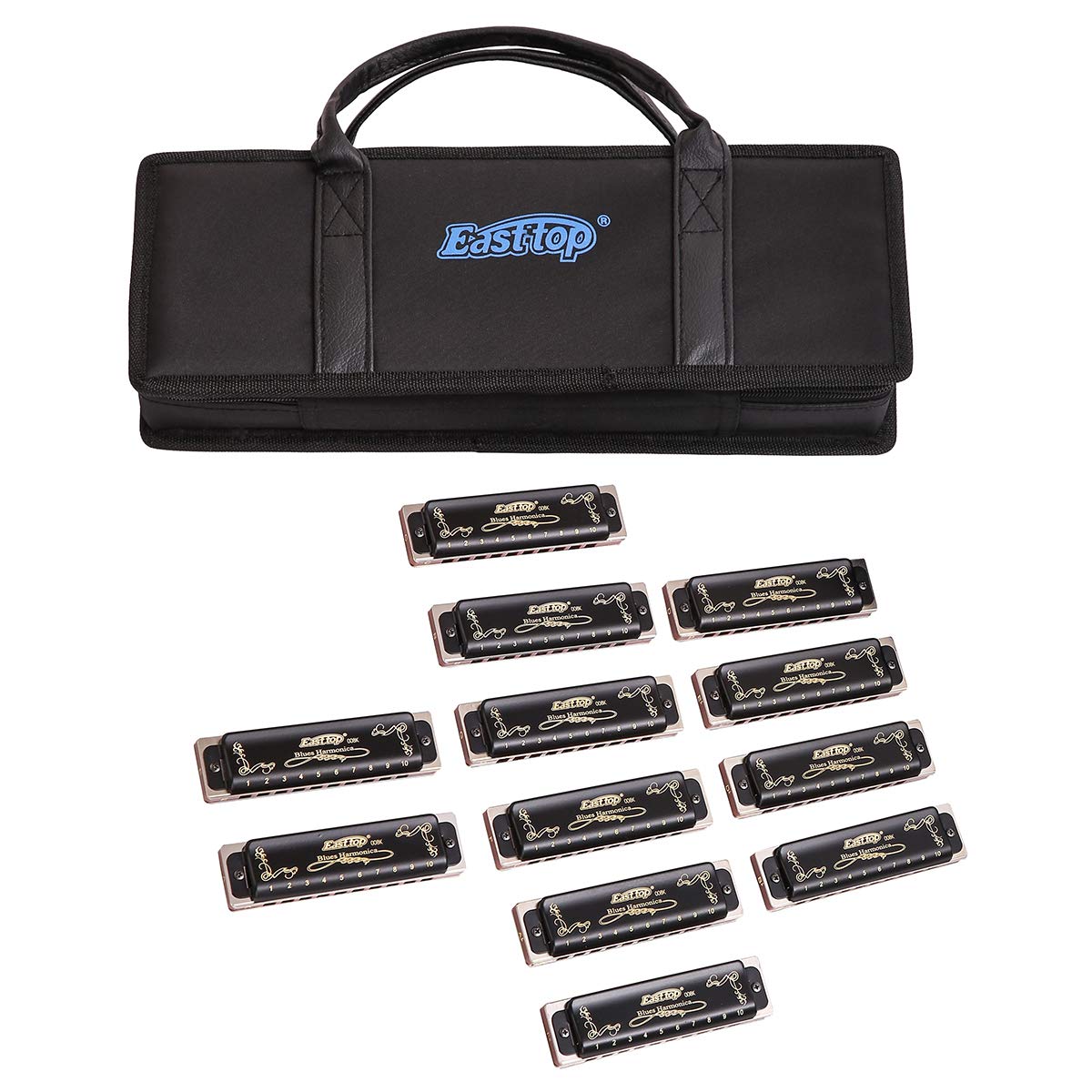 Harmonica - Juego de 12 armónicas diatónicas profesionales 008K 10 agujeros 20 tonos armónica para jugadores profesionales, principiantes, estudiantes, niños con bolsa de regalo negra (12 llaves)