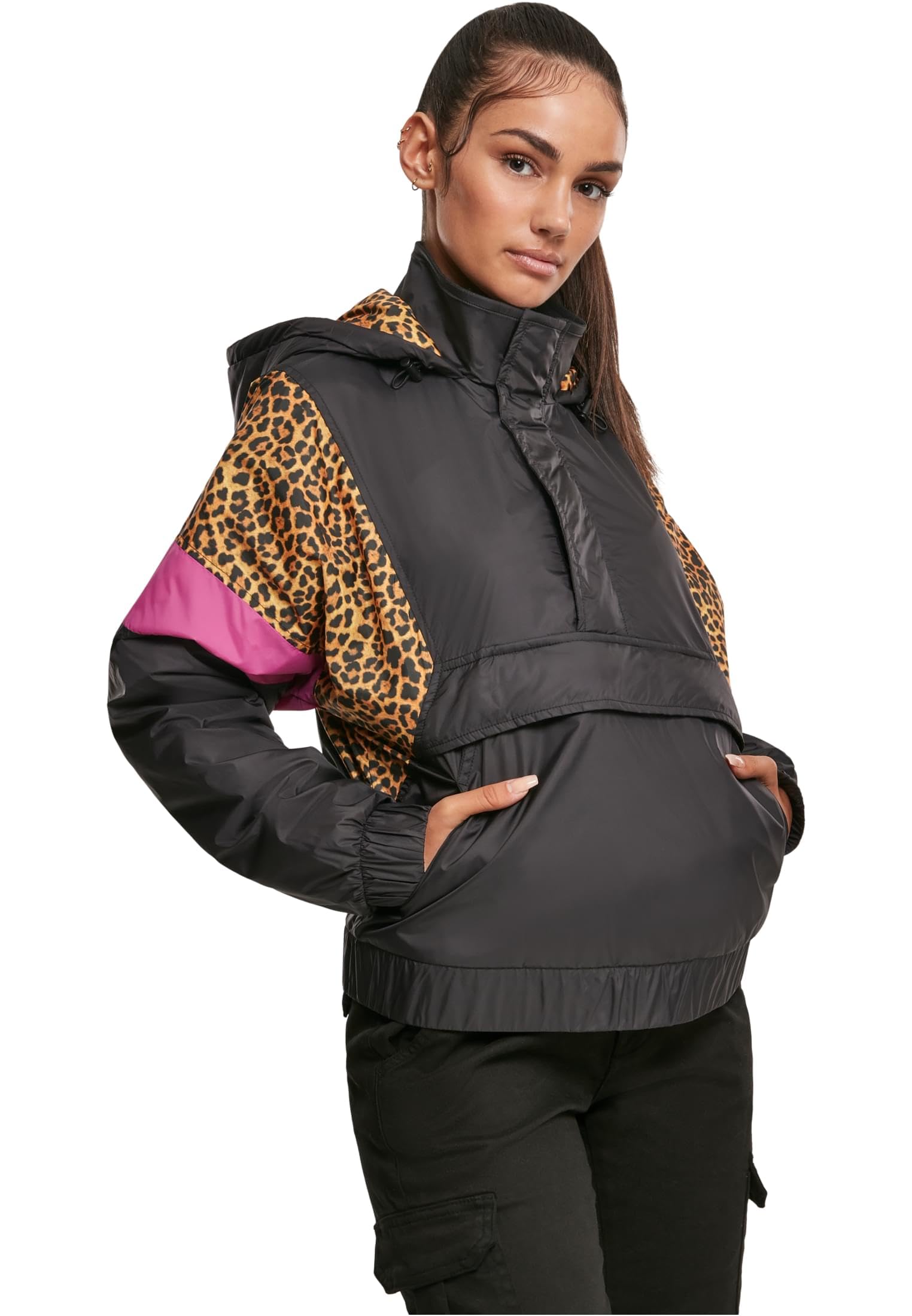 Urban Classics Women's Ladies Aop Mixed Pull Over Jacket Jacket Not Applicable, Multicolour (Black/Leo 01945), X-Small