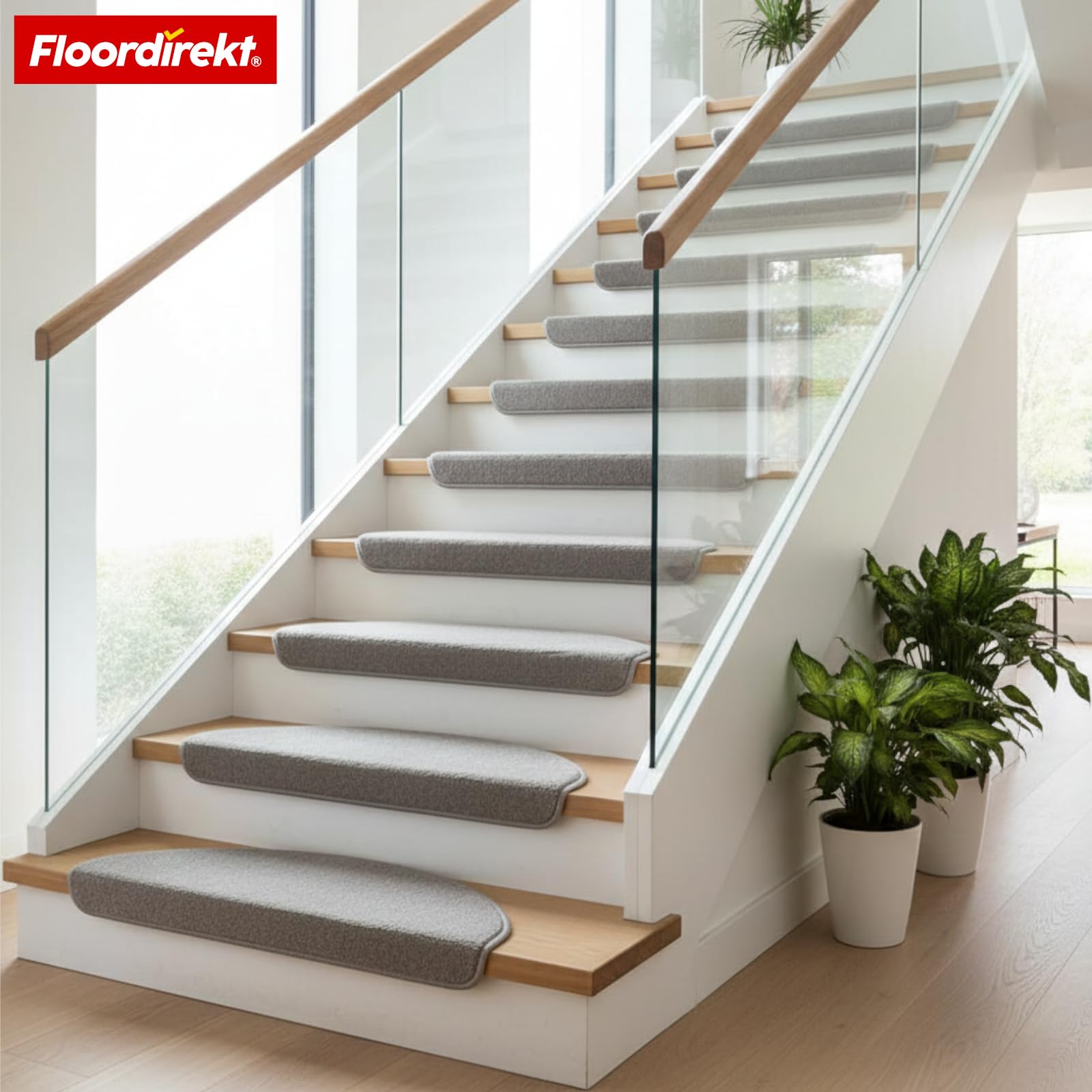 Floordirekt Treppenstufen Matten Wien Silbergrau – 1 Stück, halbrund 25×65 cm – rutschfest & selbstklebend – Treppenteppich Schutzmatten für sicheren Tritt