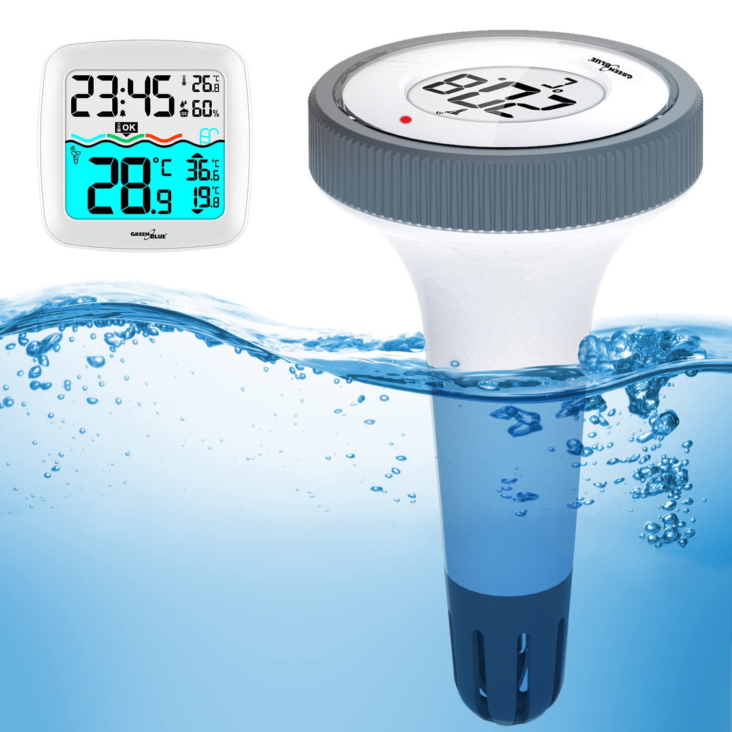 GreenBlue GB216 Stacja Pogodowa z Termomometrem Basenowym Zasięg 60m Czujnik Pływający Temperatura Godzina Kalendarz DCF
