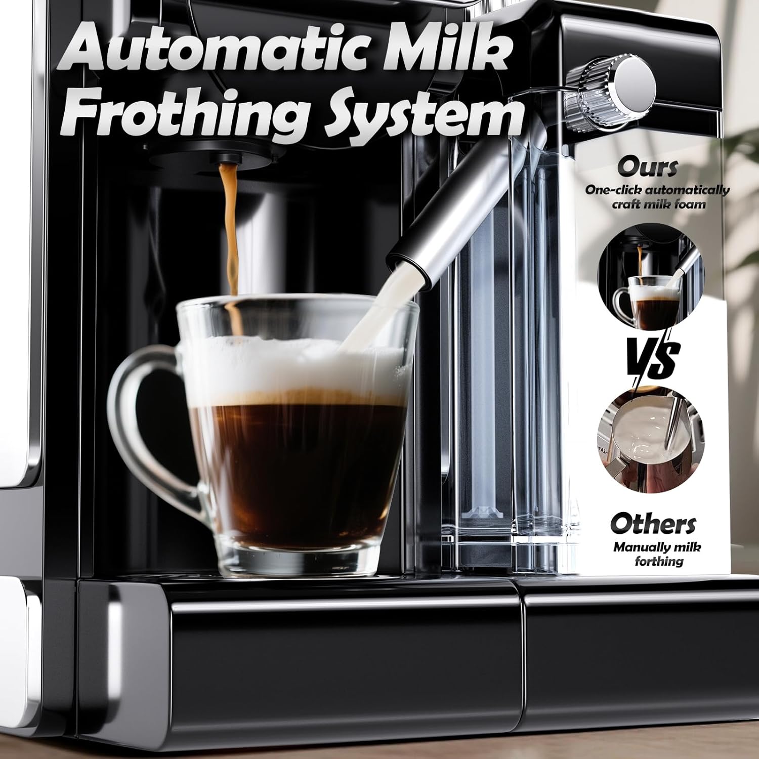 PULZO Espresso Machine with Integrated Automatic Milk Frother, capsule coffee maker for K*cup capsule/Ne*s Original/coffee powder, One Touch Latte & Cappuccino
