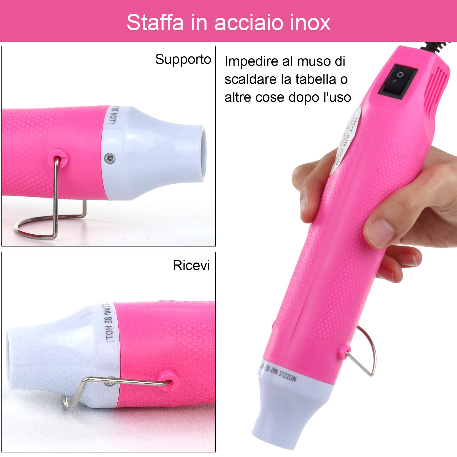 Pistola Termica,Pistola Aria Calda Professionale 300W,Pistola Termica Elettrica Portatile,per Goffratura Artigianale,Tubi Termorestringenti,Asciugatura Vernice,Argilla,Timbri in Gomma（Rosa）