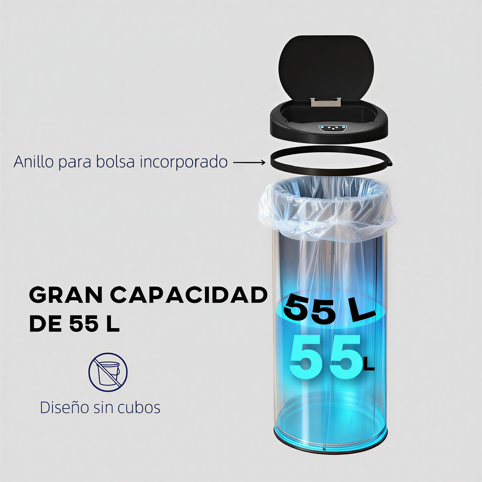 HOMCOM Cubo de Basura Cocina Automático 55 L con Sensor Infrarrojo, Papelera de Cocina de Acero Inoxidable Antihuellas con Cierre Suave y Anillo para Hogar, Oficina y Dormitorio, Plateado
