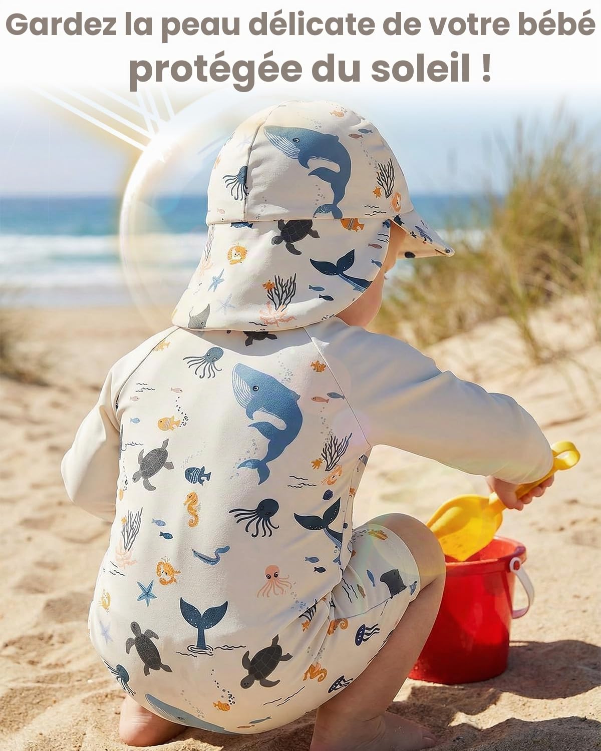 WYTbaby Maillot de bain une pièce pour bébé - Vêtements UV à manches longues - Vêtements de protection UV pour bébé garçon avec chapeau de soleil