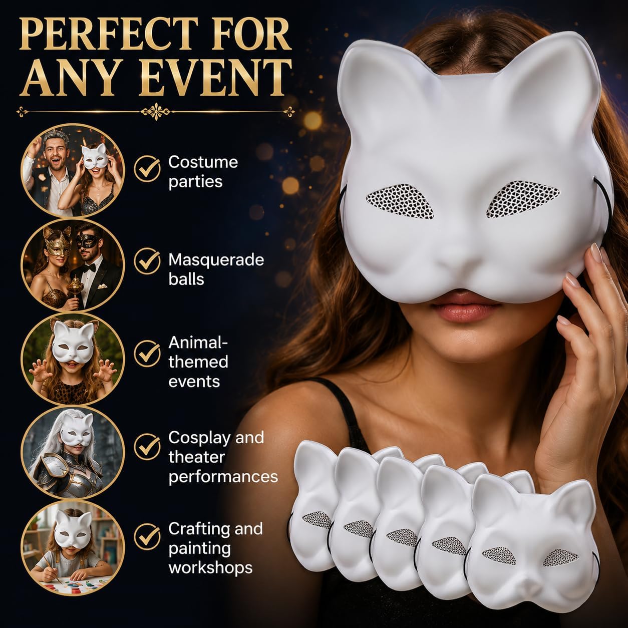 5 Pcs White Blank Plastic Cat Masks DIY Paintable Animal Mask Hand Painted Base Mask for Cosplay Masquerade Party Costume Therian Craft Supplies