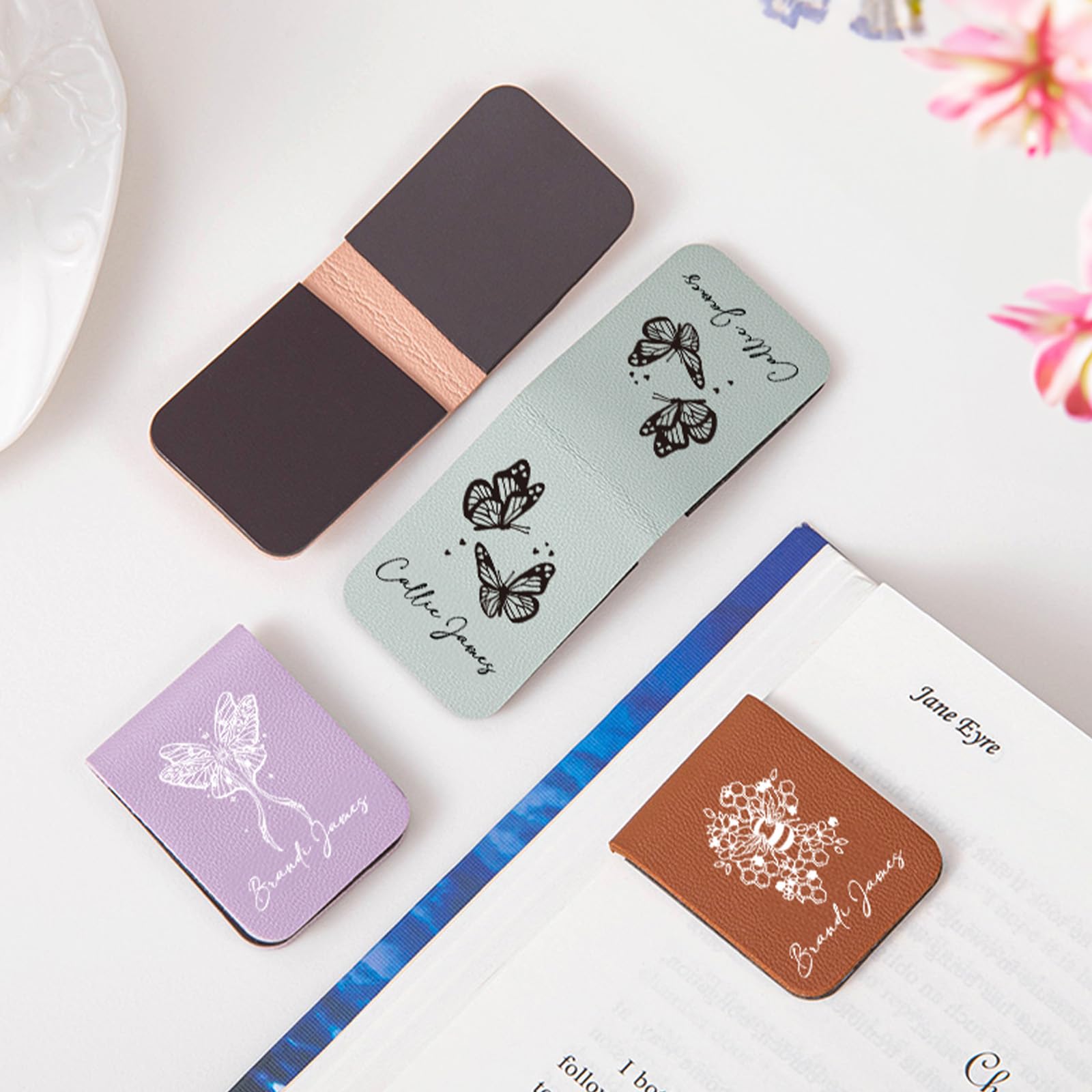 callie moment Personalised Magnetic Leather Bookmark Clip with Name, Custom Butterfly Pattern Bookmarks for Women & Men, Book Lovers Birthday Gift