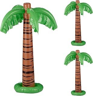 Relaxdays aufblasbare Palme, 3er Set, Partydeko, Pool & Strand, Hawaiipalme groß, 80 cm hoch, Plastikpalme, grün-braun