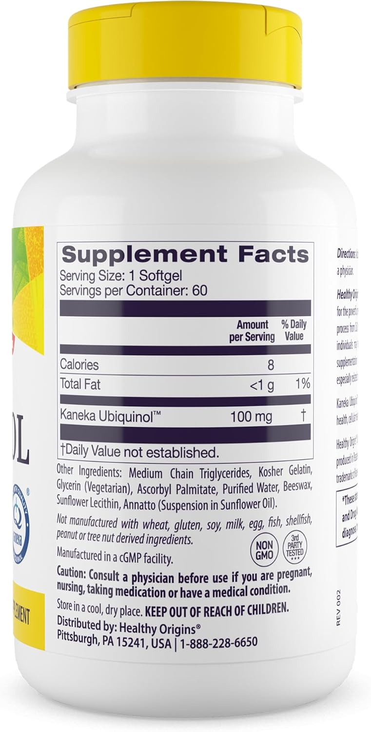 Healthy Origins Ubiquinol 100 mg (Kaneka QH, Non-GMO, Gluten Free, Heart Support, Energy Support), 60 Softgels